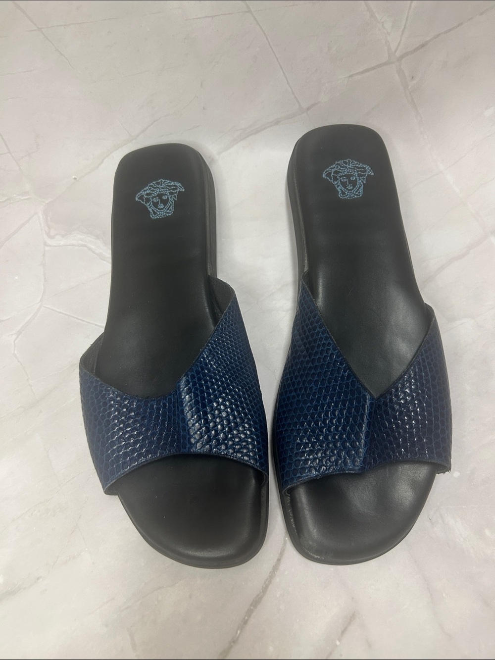 Versace Navy Textured Slide Sandals for men